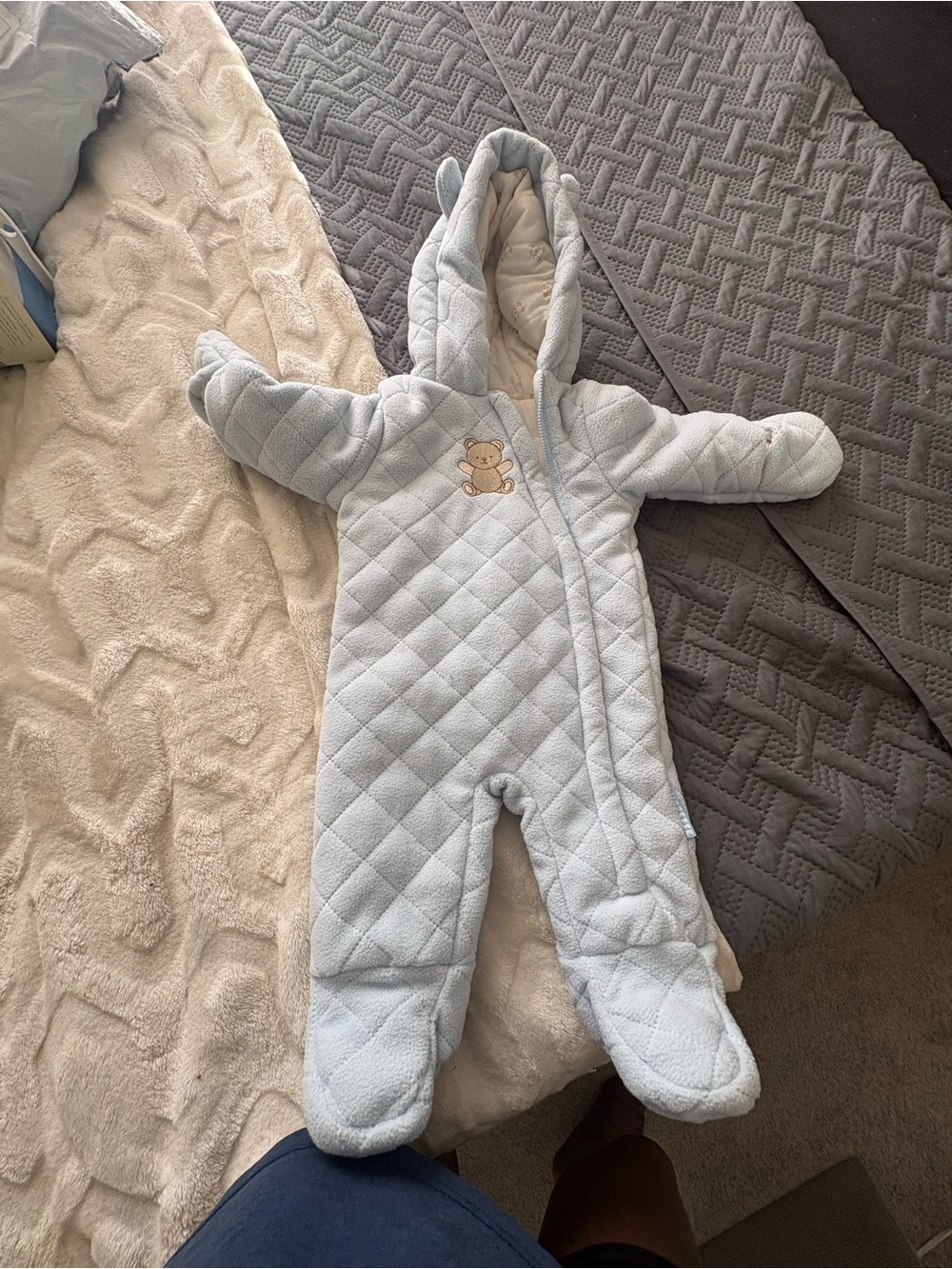 Wippette Baby Quilted Light Blue Hooded Footie with Bear Applique